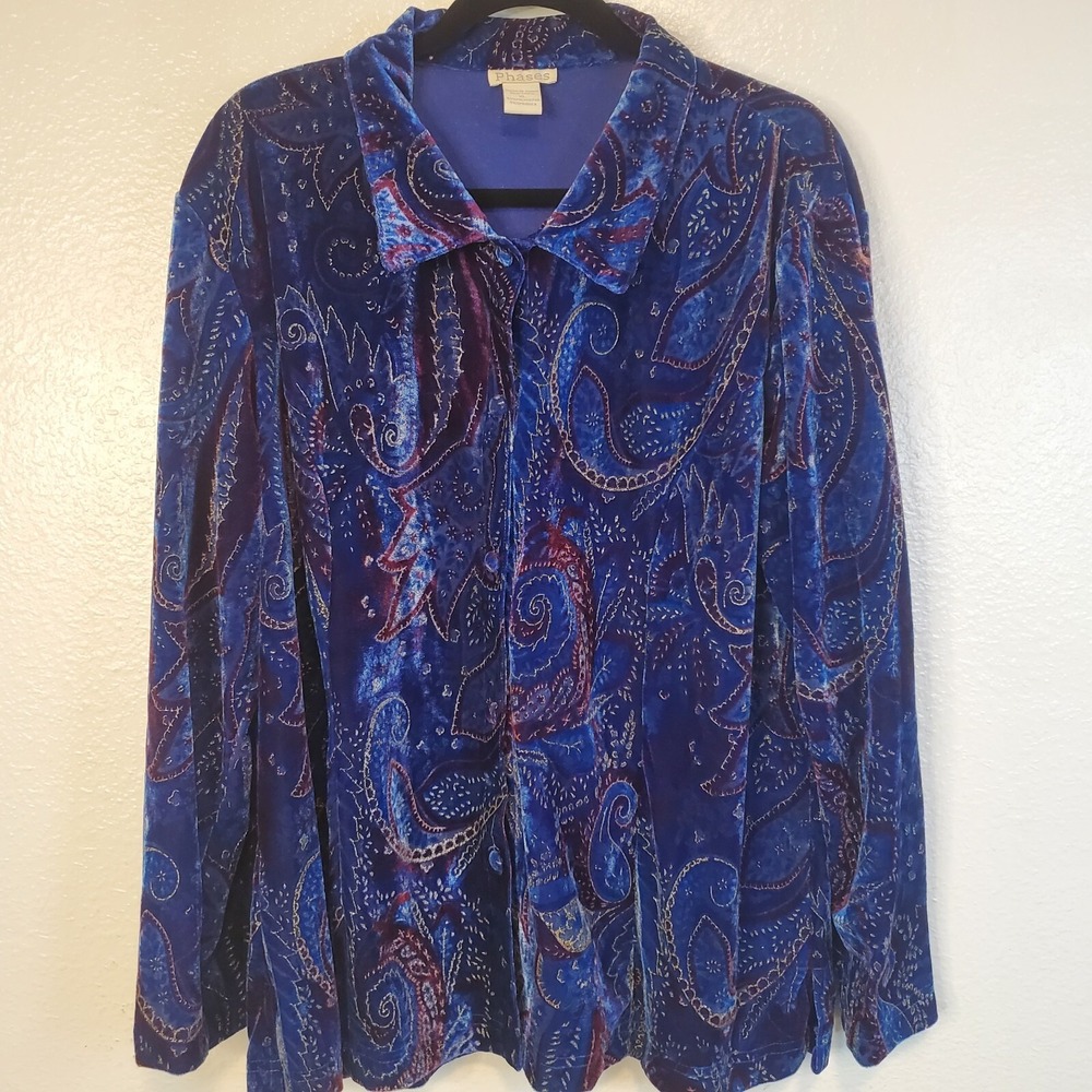 Colorful 90's Velveteen Paisley Blouse Royal‎ Blue W/ Purple &Gold Women's XL